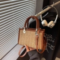 Mini borsa a tracolla in paglia intrecciata con manici in pelle marrone e tracolla - Cachi