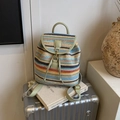 Colorful striped woven backpack with green leather flap and drawstring closure - Green