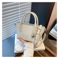 Chic white lychee grain bucket bag with dual handles and silver metal charm - White