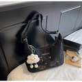 Black nylon hobo bag with pink cat embroidery and fluffy cloud charm for women - Black