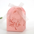Detail of pink laser-cut maple leaf candy box with elegant organza ribbon bow - Pink