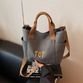 Grey canvas tote bag with brown straps and TCT embroidery for daily casual shopping - Dark Brown