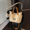 Cream canvas tote bag with brown straps, TCT blue embroidery and side pockets - Khaki