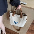 Minimalist canvas tote bag in beige and brown finish with TCT embroidery and side pockets - Beige Grey