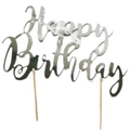 Topper plateado para tarta Happy Birthday con letras láser elegantes y dos varillas fijas - Plateado (Adorno-41)