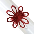 Close-up of metallic red flower napkin ring with hollow-out petals for table decor - Reflective Bright Red