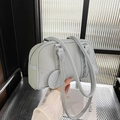 Large capacity light grey blue lychee grain leather Boston shoulder bag with metal buckle - Blue
