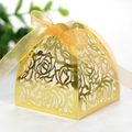 Detail of laser cut gold gift box with rose patterns and shimmering organza ribbon bow - Reflective Gold
