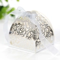 Detail of silver laser-cut rose hollow candy box with metallic finish and silk ribbon - Reflective Silver