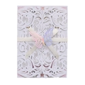 Elegant laser-cut floral wedding invitation with cream ribbon and 3D purple butterfly - White