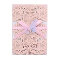 Elegant laser-cut floral wedding invitation in soft pink with ribbon and butterfly - Light Pink 250G