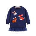 Girls navy blue sweatshirt dress with cute animal embroidery and mesh skirt hem - 2Y(90cm) / Navy Blue (8323)