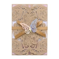 Elegant laser-cut khaki wedding invitation with gold ribbon and blue butterfly detail - Beige Gold
