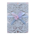 Intricate laser-cut blue wedding invitation card with ribbon and butterfly decor - Fog Blue