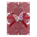 Elegant laser-cut burgundy wedding invitation set with decorative red ribbon and white butterfly - Dark Red