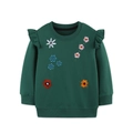 Dunkelgrünes Kinder-Sweatshirt mit Rüschenärmeln und bunter Blumenstickerei - 2Y(90cm) / Dunkelgrün (8325)