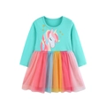 Mint green long sleeve unicorn dress with colorful rainbow tulle skirt for girls - Mint Green / 2Y(90cm)