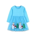 Robe en tulle bleu ciel à manches longues avec broderies de Noël et bonhomme de neige - 2Y / Bleu Ciel