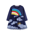 Dark blue long sleeve girls dress featuring rainbow embroidery and cloud print mesh tutu - 2Y(90cm) / Navy Rainbow Style (1680)