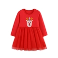 Red Christmas girls dress with reindeer embroidery and layered tulle skirt - 2Y(90cm) / Red
