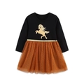 Girls long sleeve tulle dress with black top, cartoon pony print and orange mesh skirt - 2Y(90cm) / Black/Orange Patchwork
