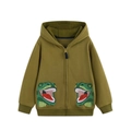 Army green zip-up hoodie for kids featuring cartoon dinosaur embroidery and large hood - 2Y(90cm) / Olive Green