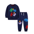 Navy blue boys cotton tracksuit with colorful embroidered dinosaur patterns and drawstrings - 2Y(90) / Navy Blue (8293+3170)