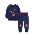 Dunkelblaues Kinder-Sweatshirt und Jogginghose-Set mit bunten Flugzeug-Stickereidetails - 2Y(90) / Flugzeug Besticktes Outfit - Marineblau (8305+3131)