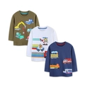 Dreierpack Langarmshirts für Kinder mit Auto-Prints in Oliv, Weiß und Marine - 2Y / Mehrfarben-Kombination