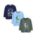 Three-pack kids long sleeve t-shirts featuring dinosaur and space prints in cotton fabric - 2Y(90cm) / Blue and Green Assorted