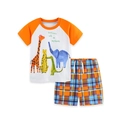 Katoenen jongensset met t-shirt met cartoon dierenprint en oranje geruite korte broek - Wit/Oranje Patchwork (2310) / 2Y(90cm)