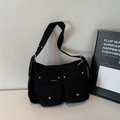 Retro black corduroy tote bag with dual front pockets and silver rivet accents - Black