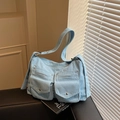 Light blue corduroy tote bag with large front pockets and stylish wide shoulder strap - Blue