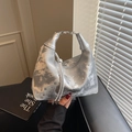 Silver rhinestone hobo handbag with liquid metal texture and pleated crescent design - Silver