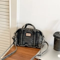 Dark grey acid wash denim crossbody bag with dual handles and SINHAODA leather patch - Black Large