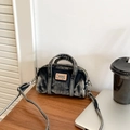Washed dark denim mini Boston bag in charcoal grey with leather logo patch and silver hardware - Black Small
