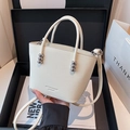 White lychee grain leather tote bag with silver beads and detachable shoulder strap - Off White