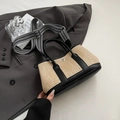 Contrast straw tote bag with black leather trim and geometric woven shoulder strap - Black without Pendant