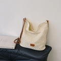Beige crochet woven hobo bag with brown leather strap and square patch detail - Off-white