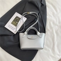 Mini silver tote bag with lychee texture and gold buckle on a black suit backdrop - Silver No Pendant