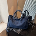 Vintage dark blue denim tote bag with dual handles and adjustable shoulder strap for women - Dark Blue