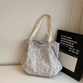 Blue canvas tote bag with white lace floral embroidery and cream cotton straps - Gray