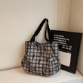 Canvas tote bag in black and white checkers with butterfly prints and black straps - Black Checkered
