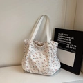 Floral canvas tote bag in white with pink blossoms and elegant shoulder straps - Off White