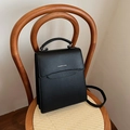 Minimalist black leather top handle tote bag with retro wave flap and silver lettering - Black