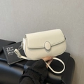Minimalist cream white shoulder bag with litchi texture flap and silver metal buckle - White