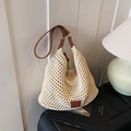 Chic beige knit hollow-out tote bag with brown leather strap and mesh texture - Beige