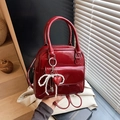 Red patent leather handbag with pearl bow and heart charm for women, multi-way use - Red with Pendant