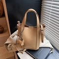 Minimalist khaki PU leather bucket bag with top handle and matching small pouch - Khaki