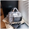 Detail of silver metallic tote bag with transparent window and multi-pocket design - Silver
